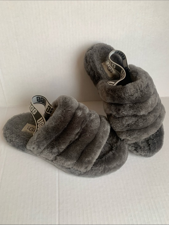 UGG Shoes - UGG Plush Charcoal Grey Fluff Slide Slingback Slippers Size US 4 EU 36 Kids